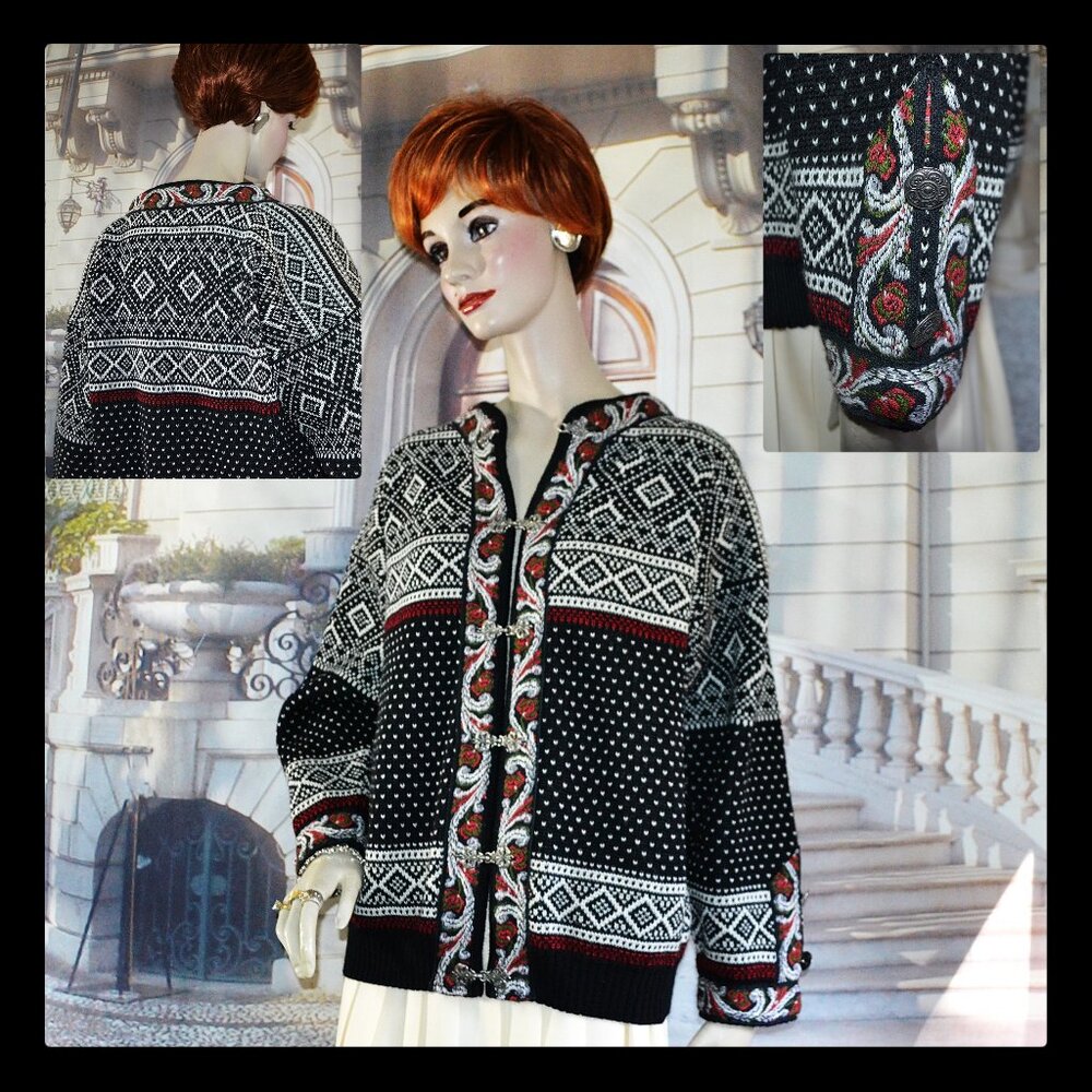 Norsk Wear Sweater Women Sz Med Wool Fair Isle Silver Clasps/Buttons Embroidered
